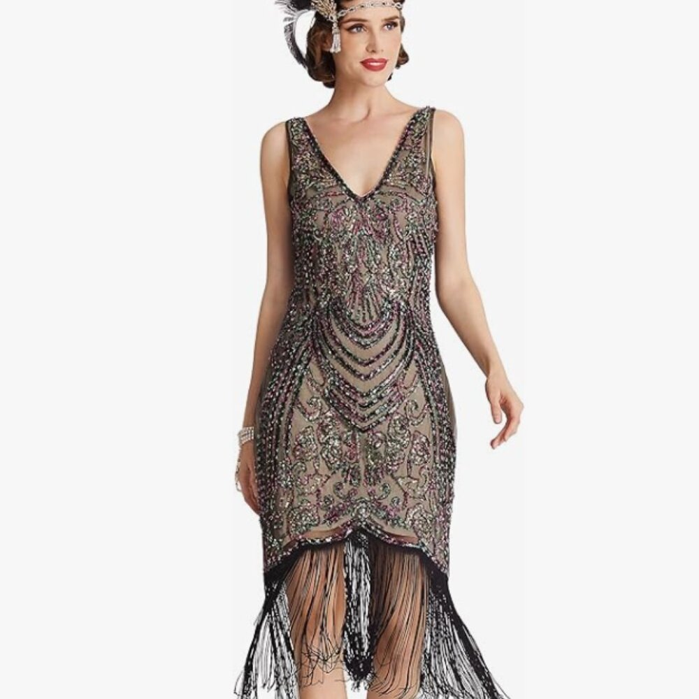 BABEYOND Flapper Dresses 1920s V Neck Beaded Fringed Great Gatsby Dress (Black A